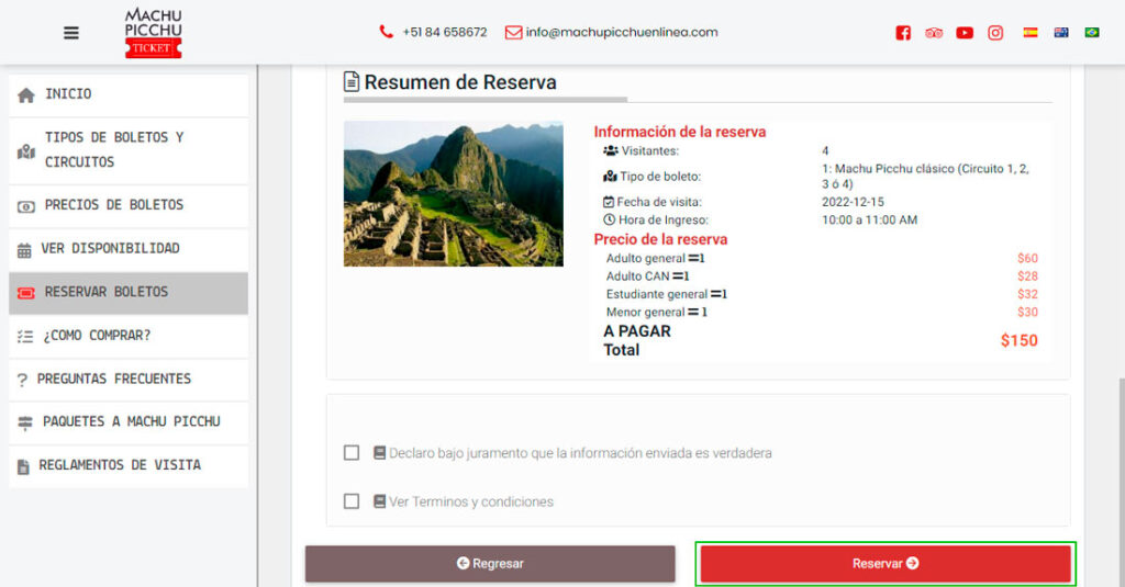 Resumen de reserva de boletos a Machupicchu - Machu Picchu en Linea