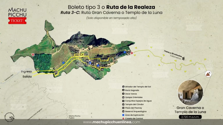 Machu Picchu boleto 3-C realeza ciudad baja gran caverna temporada alta